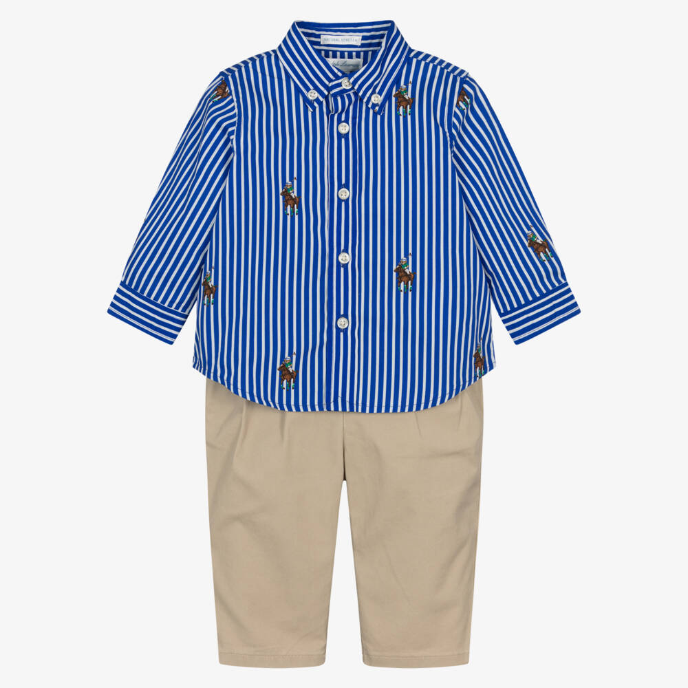 Ralph Lauren-Baby Boys Blue Striped Shirt & Beige Cotton Trouser Set | Childrensalon