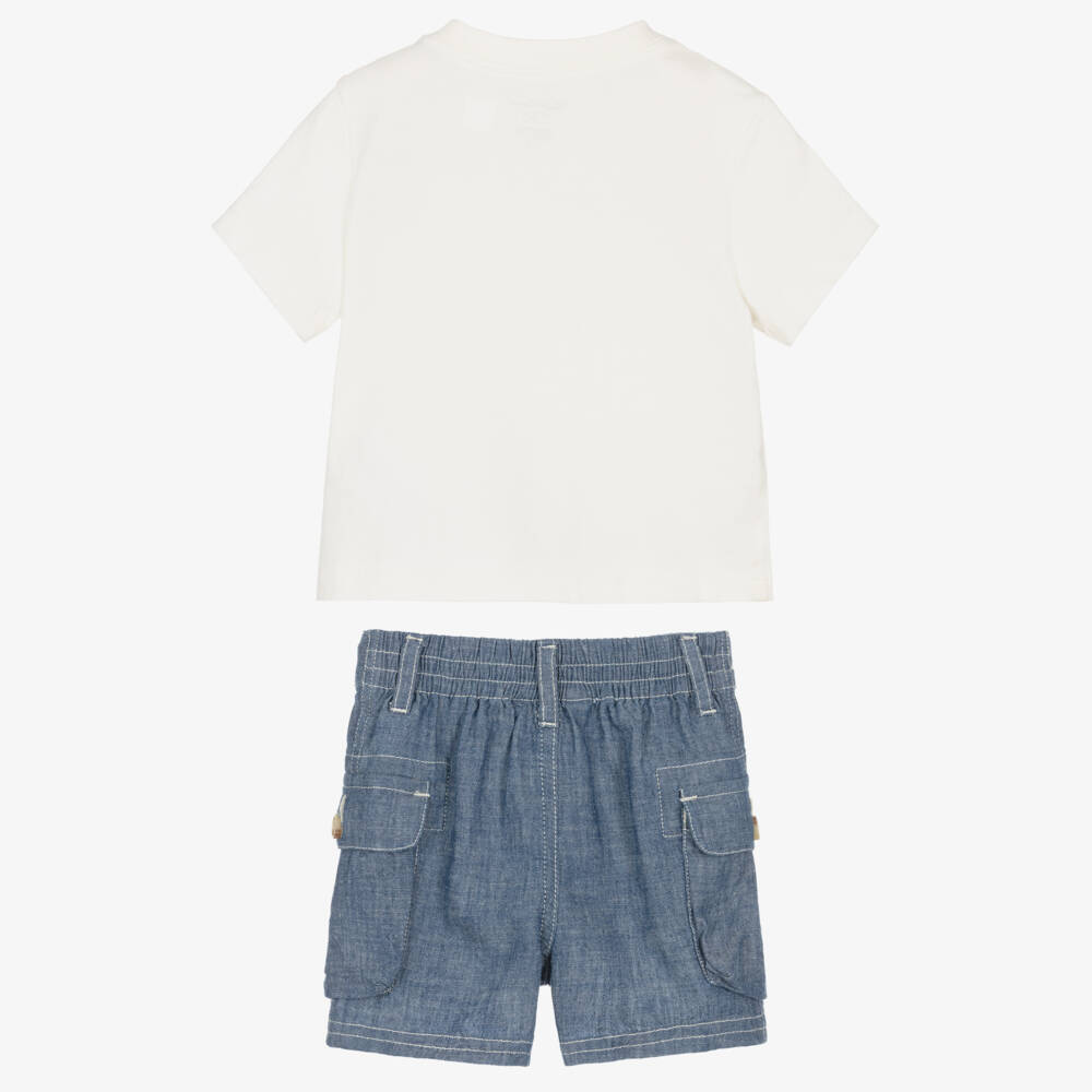 Ralph Lauren-Baby Boys Blue & White Cotton Cargo Shorts Set | Childrensalon