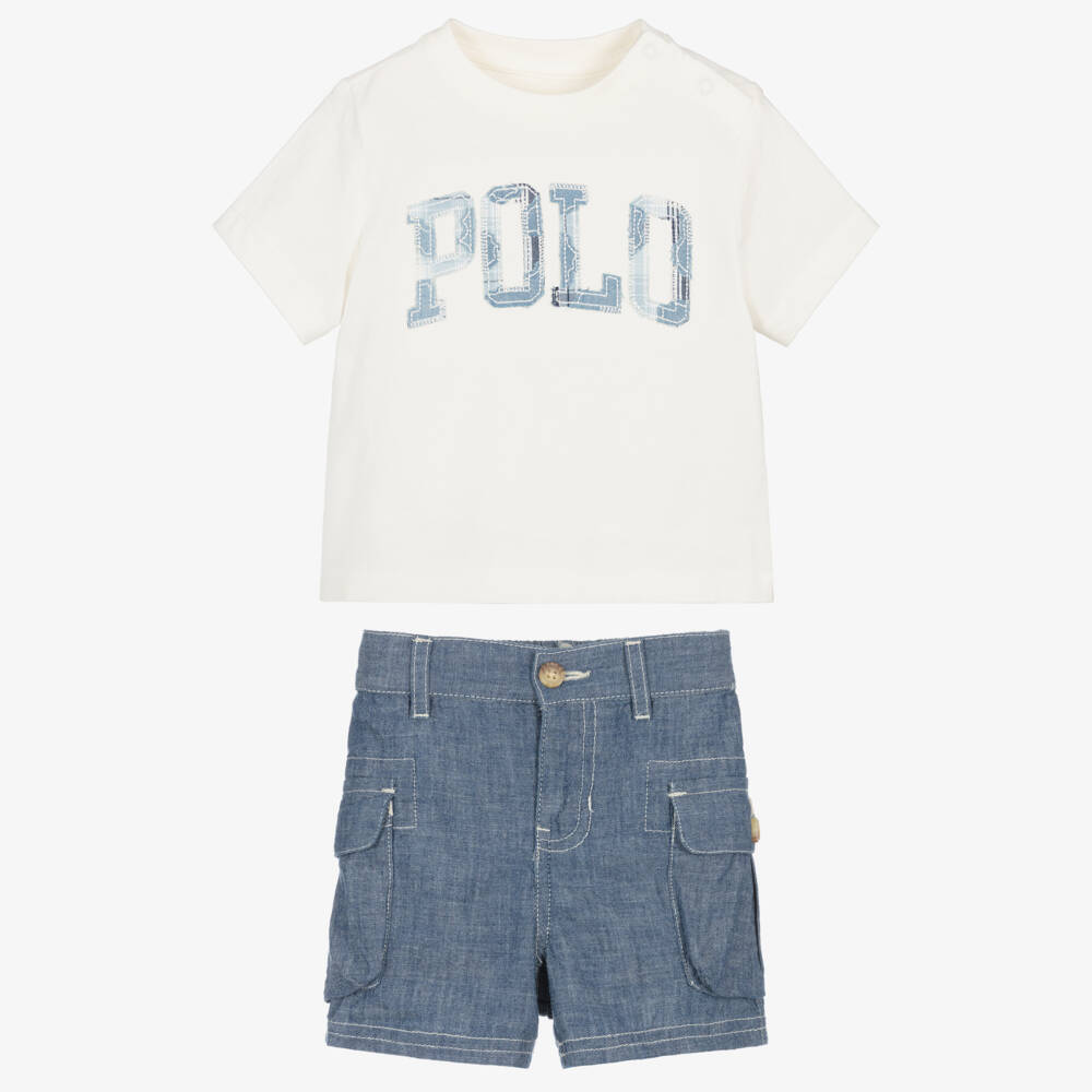 Ralph Lauren-Baby Boys Blue & White Cotton Cargo Shorts Set | Childrensalon