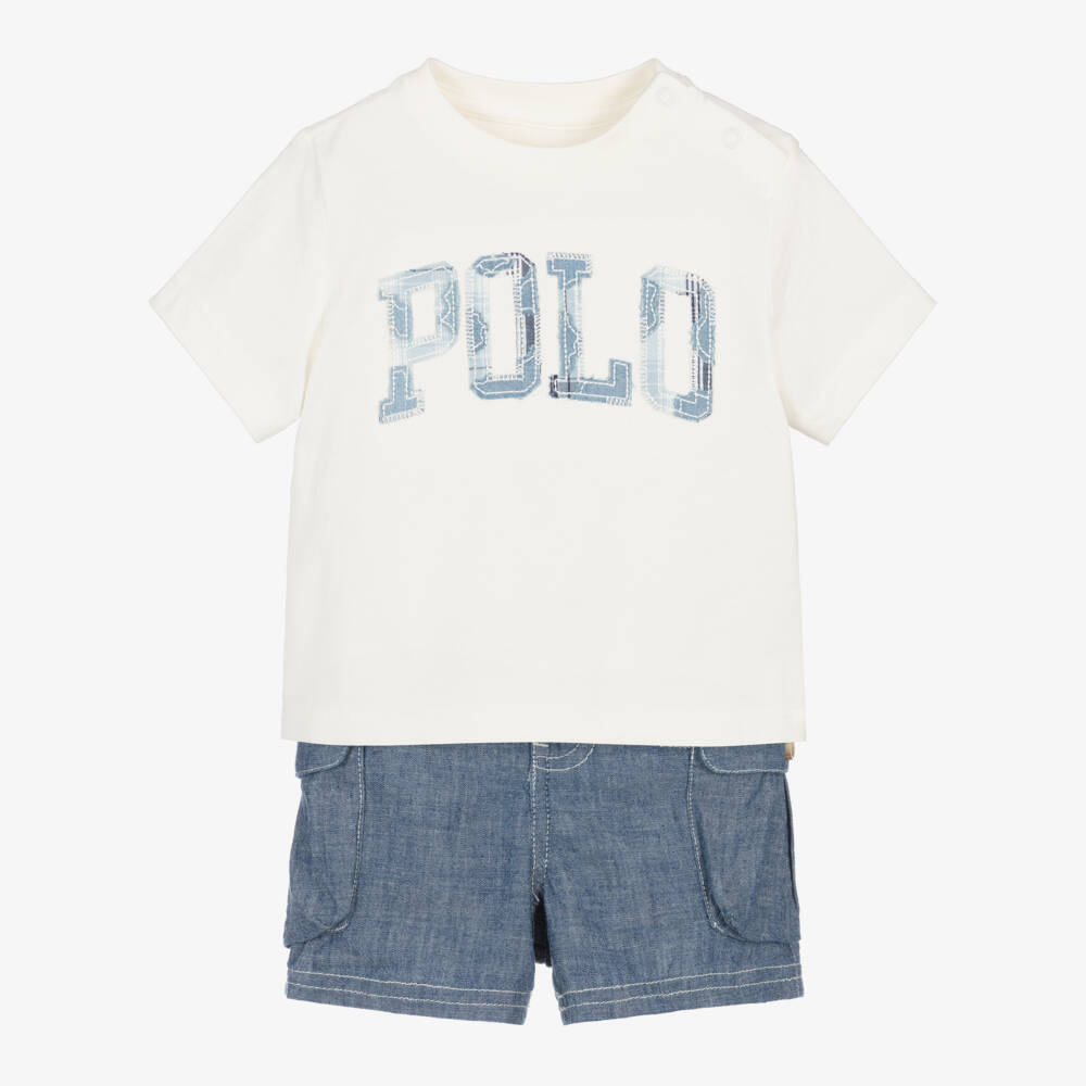 Ralph Lauren-Baby Boys Blue & White Cotton Cargo Shorts Set | Childrensalon