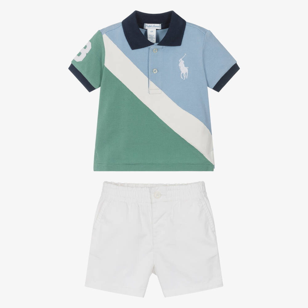 Ralph Lauren-Baby Boys Blue & White Cotton Polo Shirt & Shorts Set | Childrensalon