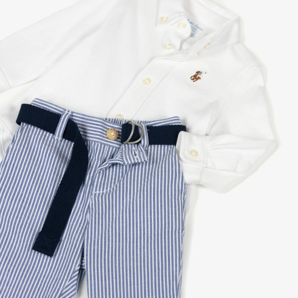 Ralph Lauren-طقم بنطلون قطن لون أزرق وأبيض للمواليد | Childrensalon