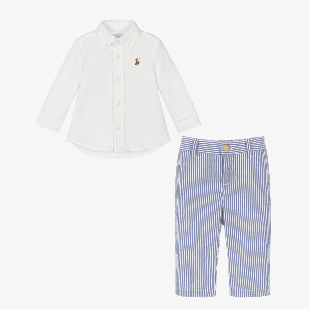 Ralph Lauren-طقم بنطلون قطن لون أزرق وأبيض للمواليد | Childrensalon