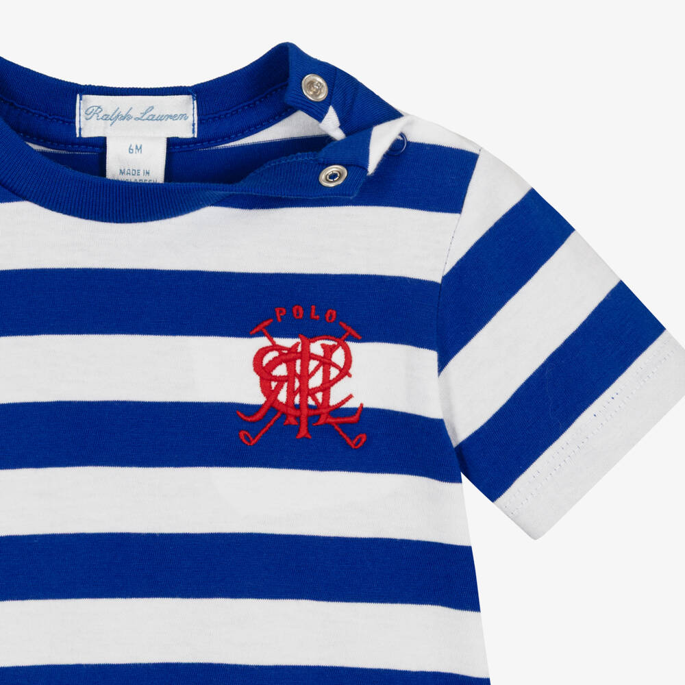 Ralph Lauren-Baby Boys Blue & White Striped Cotton T-Shirt | Childrensalon