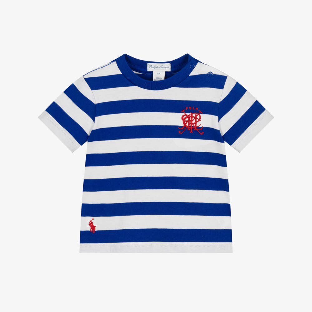 Ralph Lauren-Baby Boys Blue & White Striped Cotton T-Shirt | Childrensalon