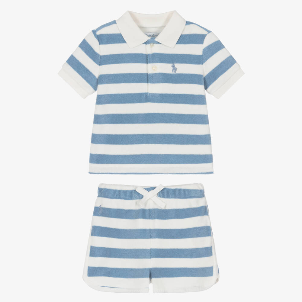 Ralph Lauren-Baby Boys Blue & White Striped Terry Towelling Shorts Set | Childrensalon