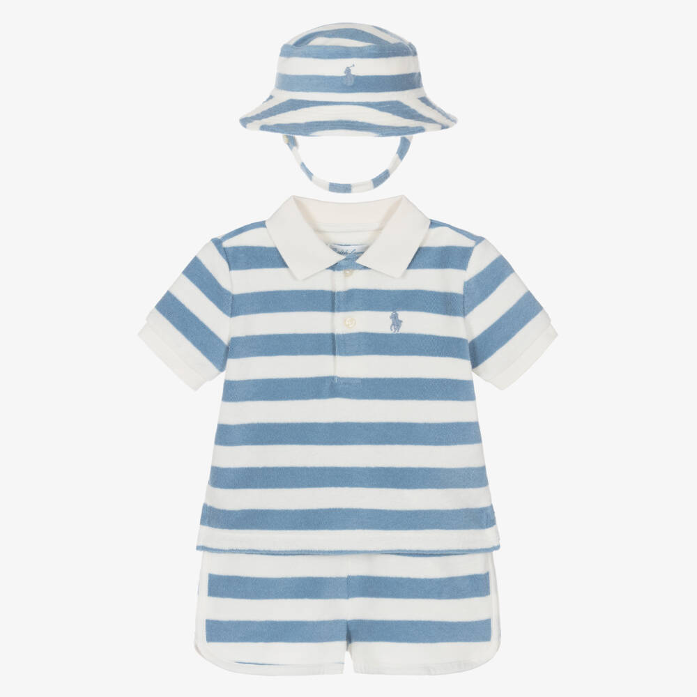 Ralph Lauren-Baby Boys Blue & White Striped Terry Towelling Shorts Set | Childrensalon