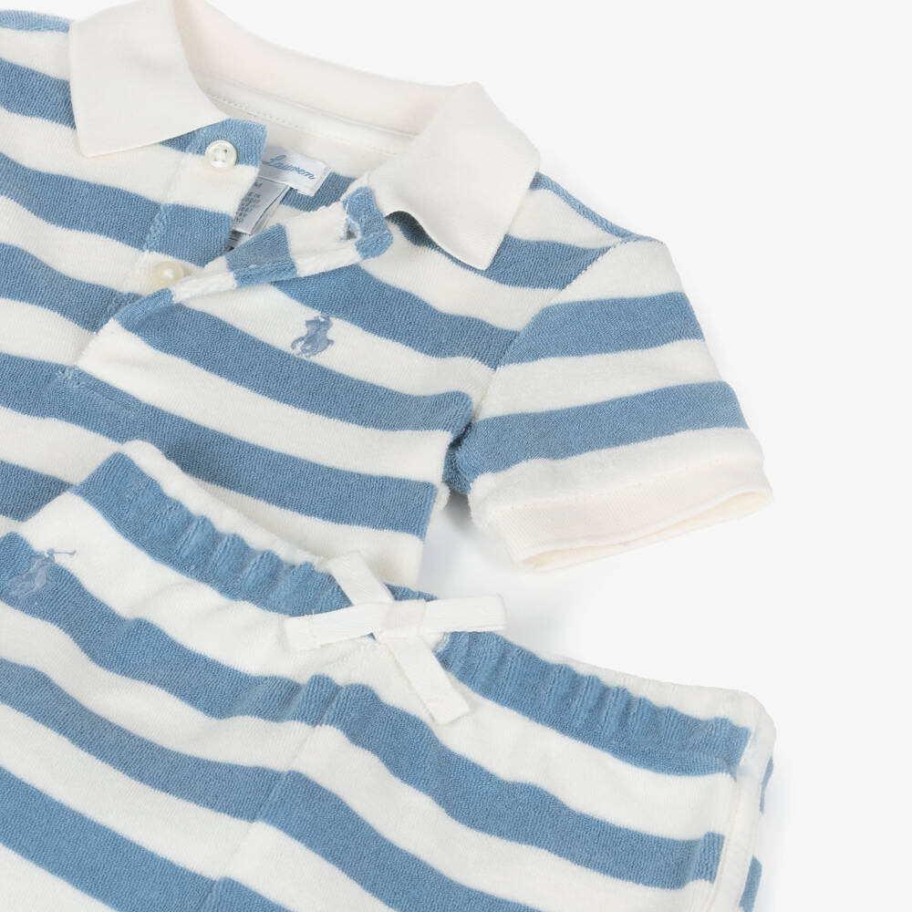 Ralph Lauren-Baby Boys Blue & White Striped Terry Towelling Shorts Set | Childrensalon