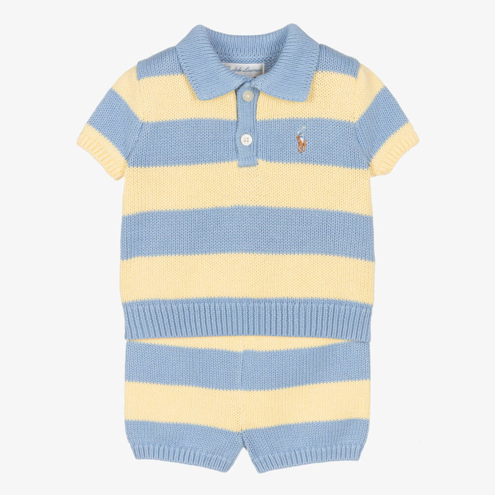 Ralph Lauren-Baby Boys Blue & Yellow Knitted Cotton Shorts Set | Childrensalon