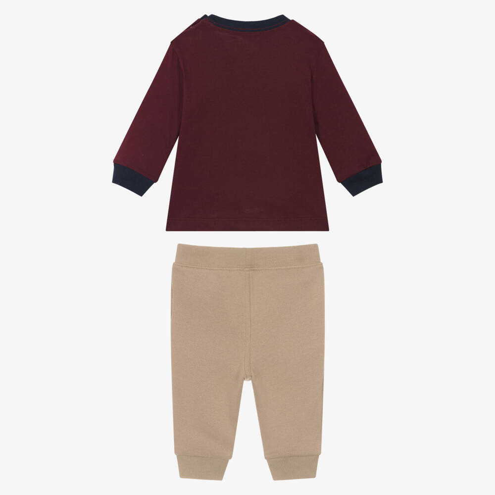 Ralph Lauren-Baby Boys Burgundy & Beige Cotton Jersey Trouser Set | Childrensalon