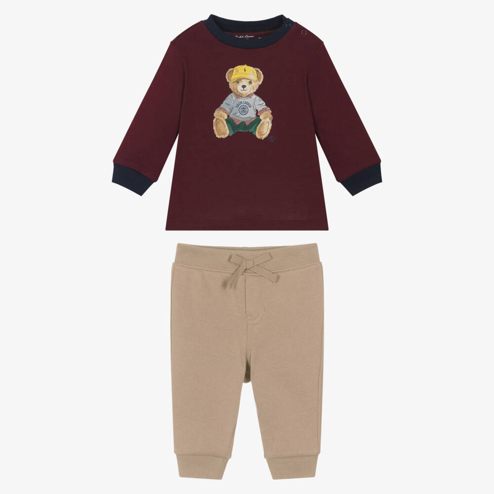 Ralph Lauren-Baby Boys Burgundy & Beige Cotton Jersey Trouser Set | Childrensalon