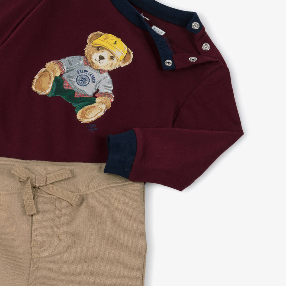 Ralph Lauren-Baby Boys Burgundy & Beige Cotton Jersey Trouser Set | Childrensalon