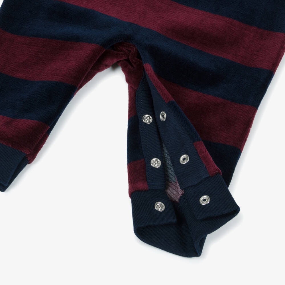 Ralph Lauren-Baby Boys Burgundy & Navy Blue Striped Velour Babygrow | Childrensalon