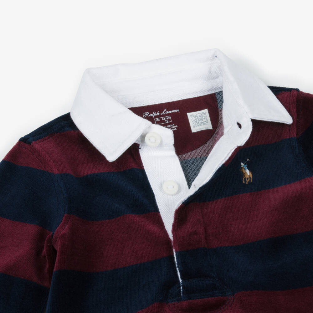 Ralph Lauren-Baby Boys Burgundy & Navy Blue Striped Velour Babygrow | Childrensalon