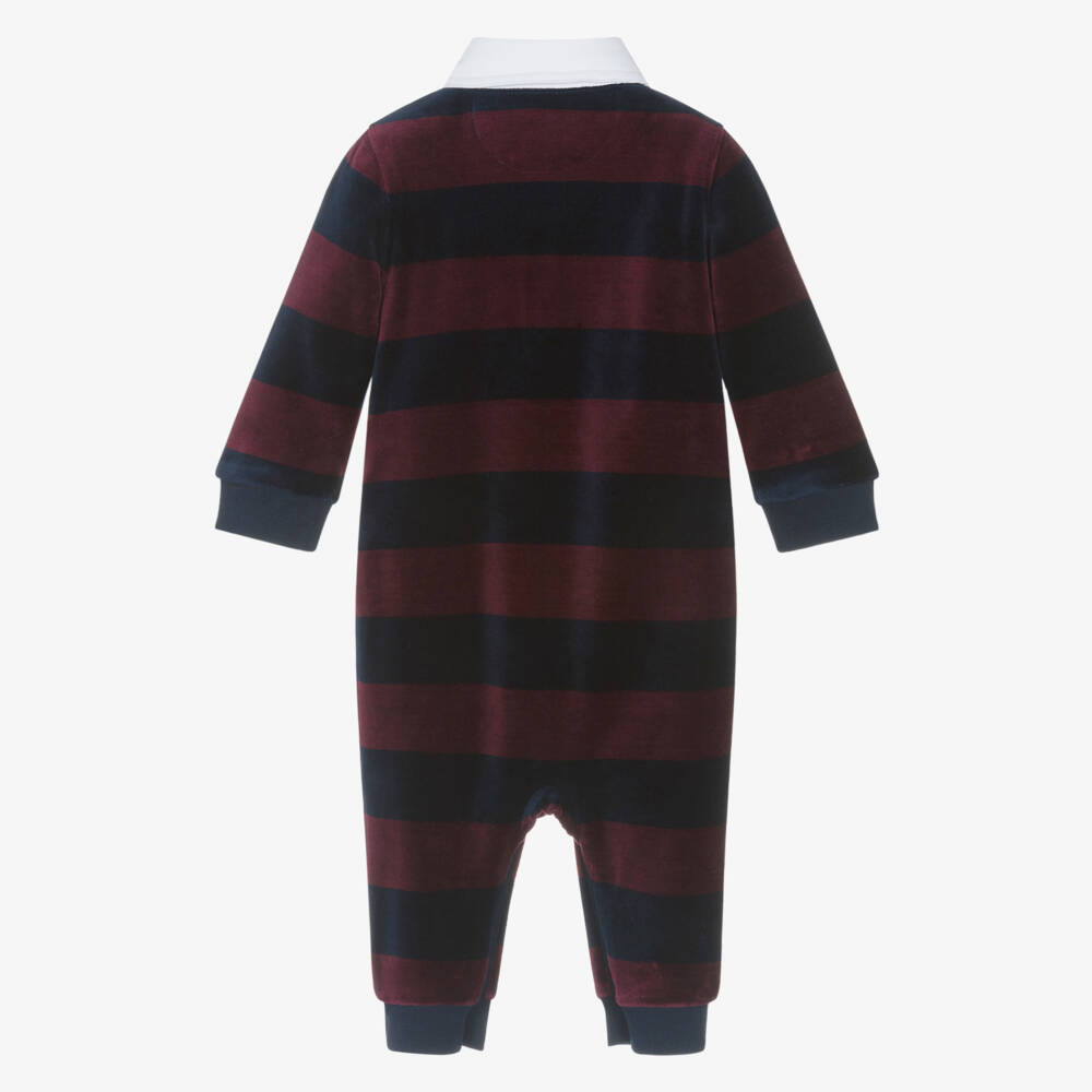 Ralph Lauren-Baby Boys Burgundy & Navy Blue Striped Velour Babygrow | Childrensalon