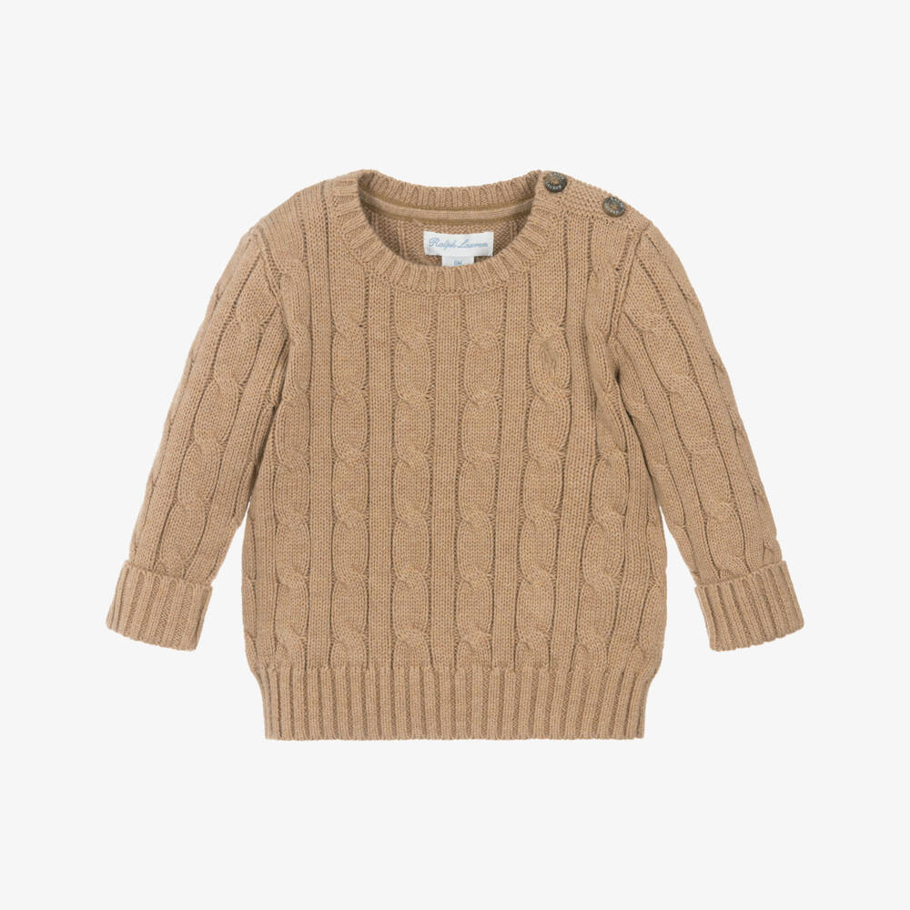 Ralph Lauren-Baby Boys Camel Beige Cable Knit Sweater | Childrensalon