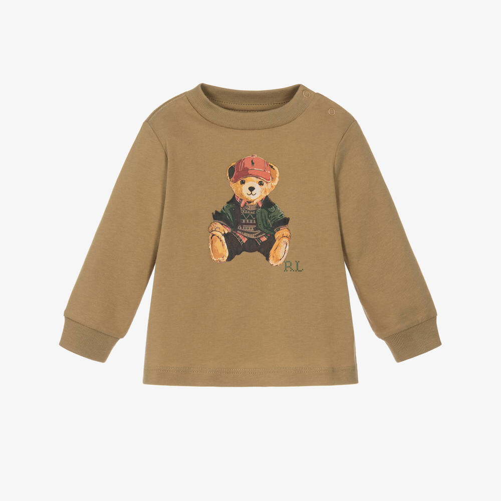 Ralph Lauren-Baby Boys Caramel Brown Long Sleeve Polo Bear Top | Childrensalon