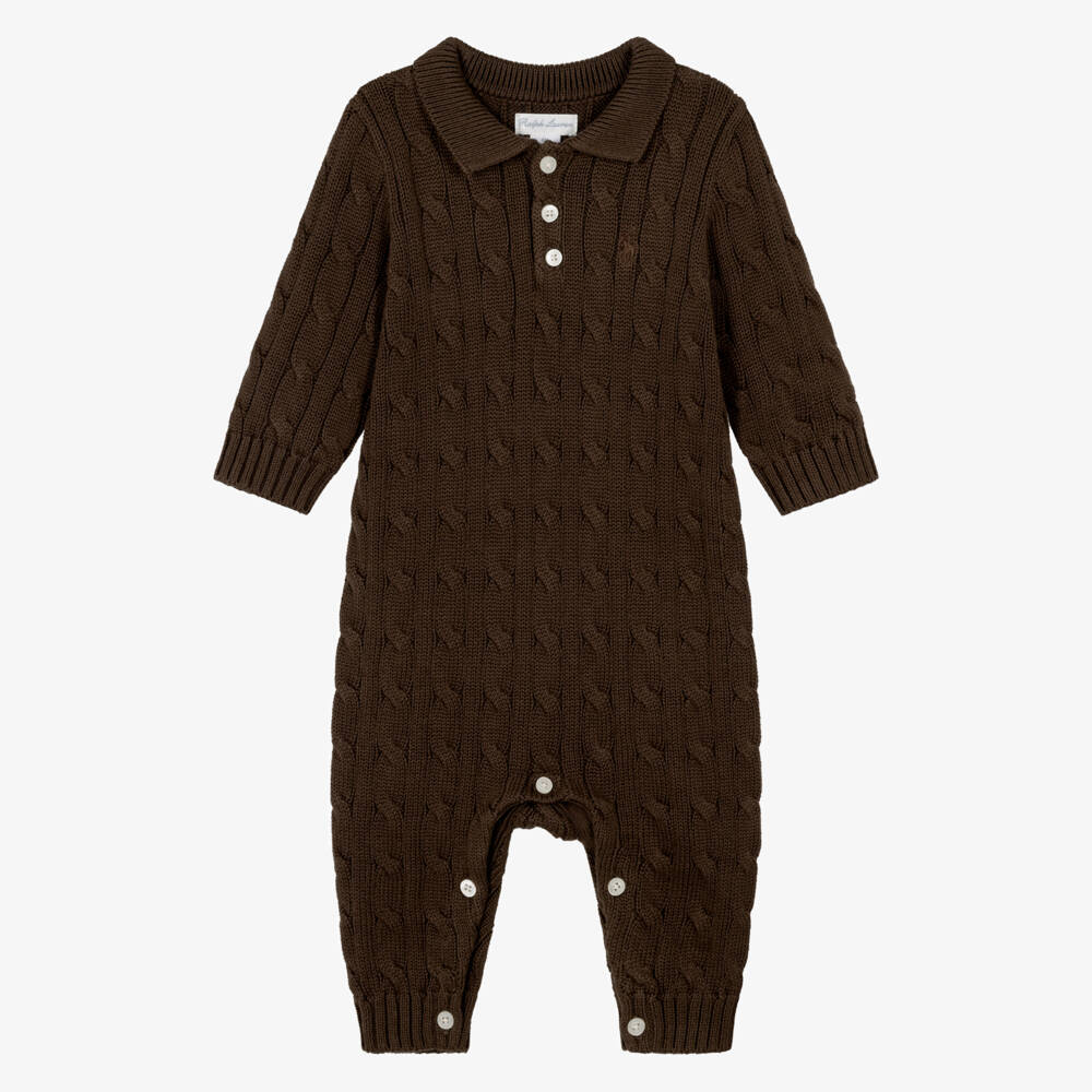 Ralph Lauren-Baby Boys Cotton Cable Knit Romper in Brown | Childrensalon