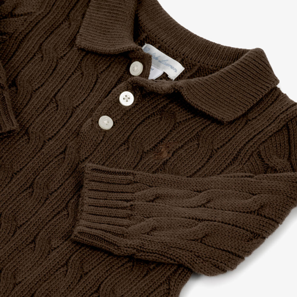 Ralph Lauren-Baby Boys Cotton Cable Knit Romper in Brown | Childrensalon