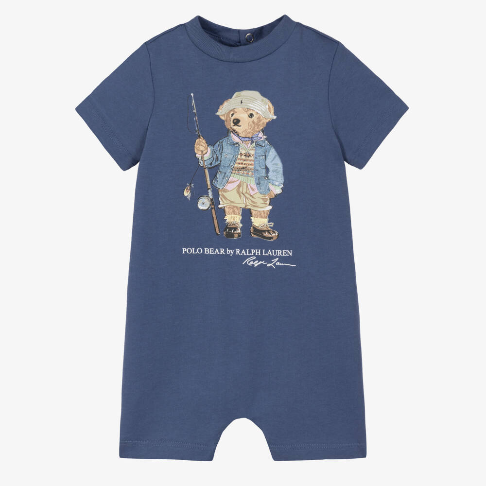 Ralph Lauren-Baby Boys Dark Blue Cotton Shortie with Fishing Polo Bear | Childrensalon
