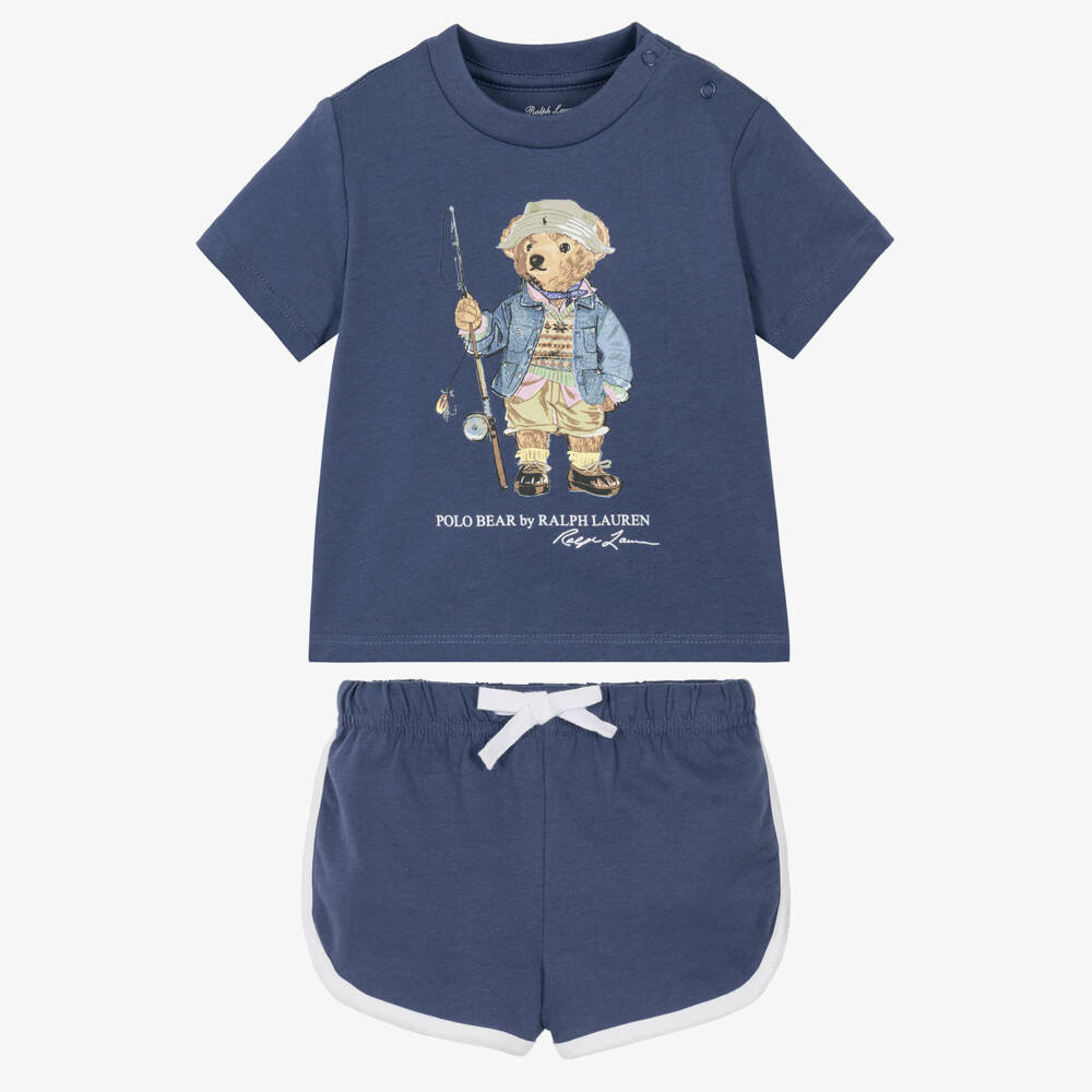 Ralph Lauren-Baby Boys Dark Blue Cotton Shorts Set with Fishing Polo Bear | Childrensalon