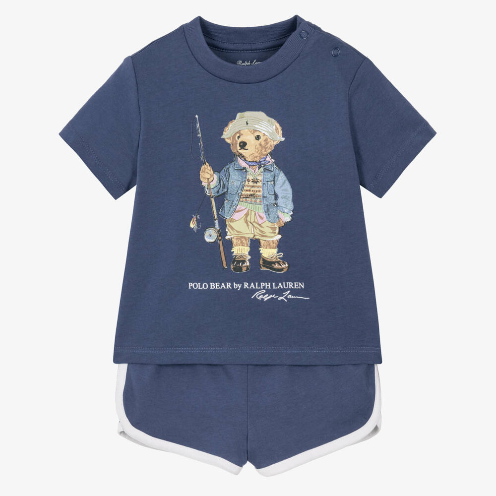 Ralph Lauren-Baby Boys Dark Blue Cotton Shorts Set with Fishing Polo Bear | Childrensalon