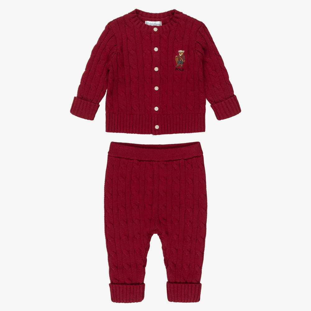 Ralph Lauren-Baby Boys Dark Red Knitted Trouser Set | Childrensalon