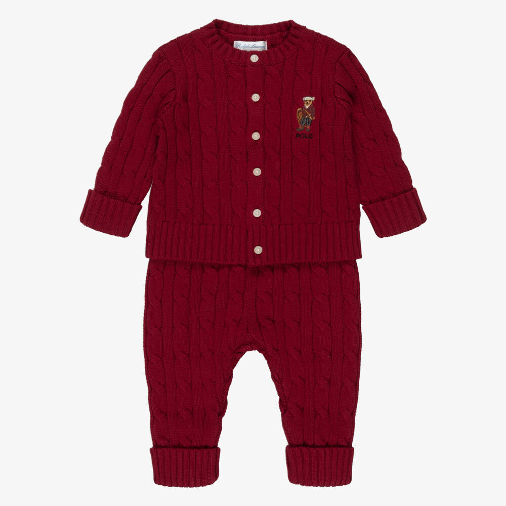 Ralph Lauren-Baby Boys Dark Red Knitted Trouser Set | Childrensalon