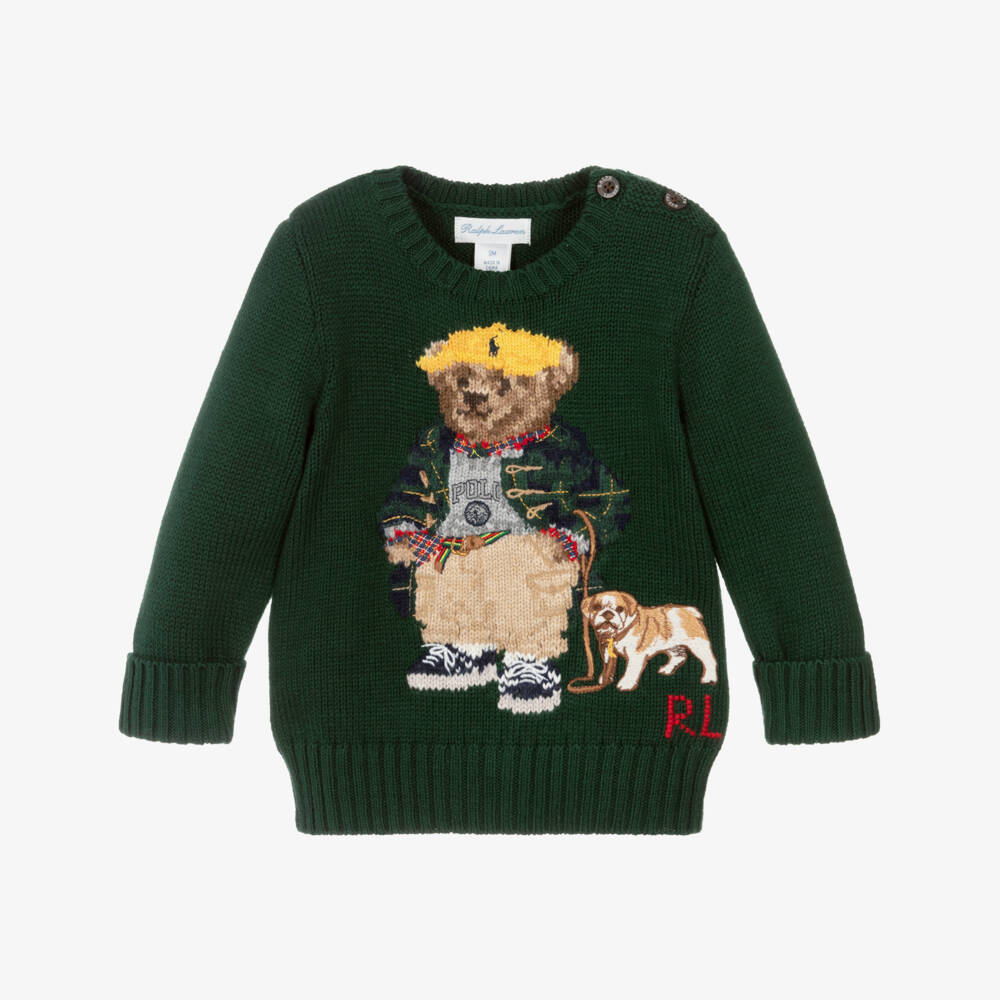 Ralph Lauren-Baby Boys Forest Green Knitted Sweater with Polo Bear Motif | Childrensalon