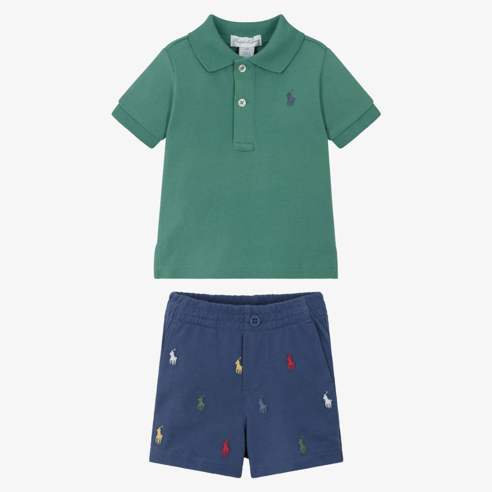 Ralph Lauren-Baby Boys Green & Blue Cotton Piqué Shorts Set | Childrensalon