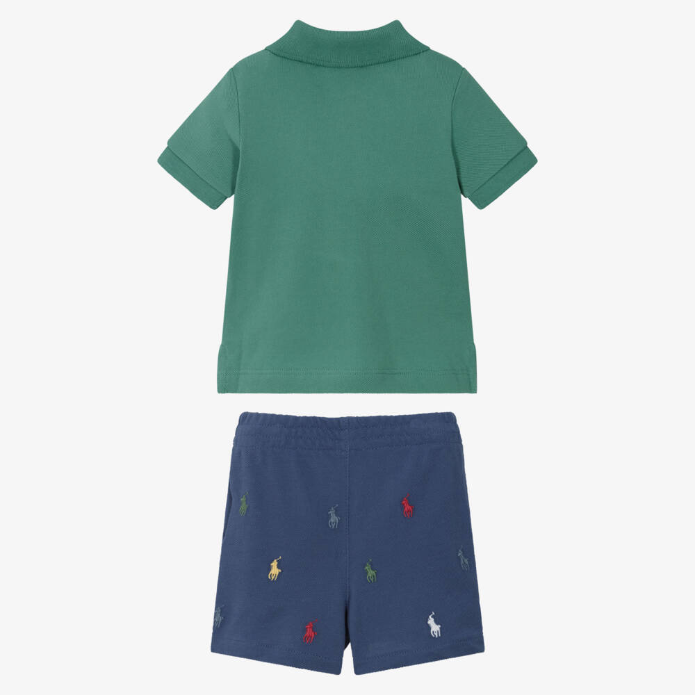 Ralph Lauren-Baby Boys Green & Blue Cotton Piqué Shorts Set | Childrensalon
