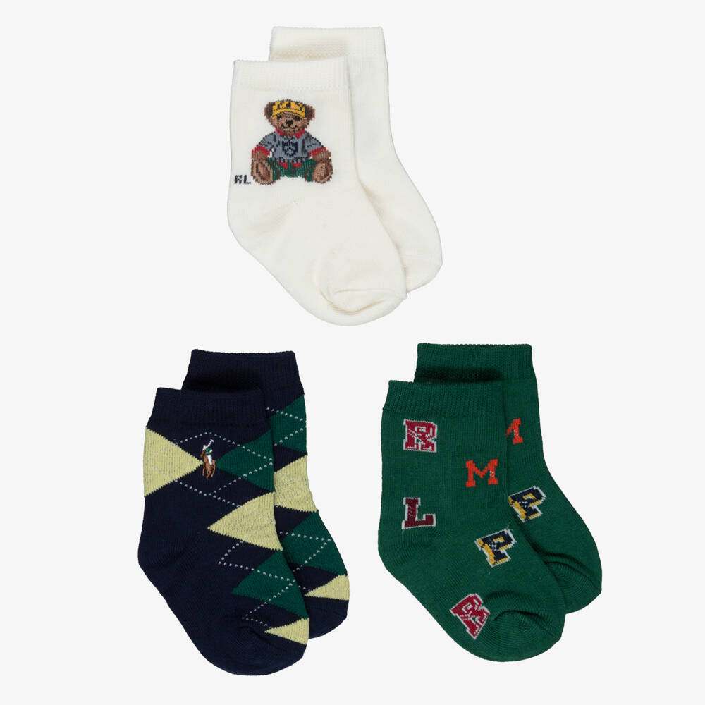 Ralph Lauren-Baby Boys Green & Blue Cotton Rich Polo Bear Socks (3 Pack) | Childrensalon