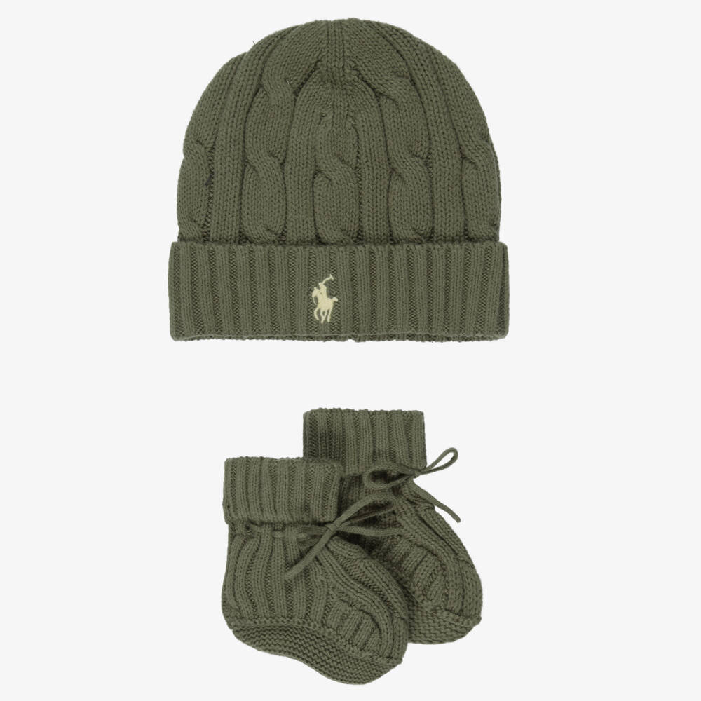 Ralph Lauren-Baby Boys Green Cable Knit Hat & Booties Set | Childrensalon