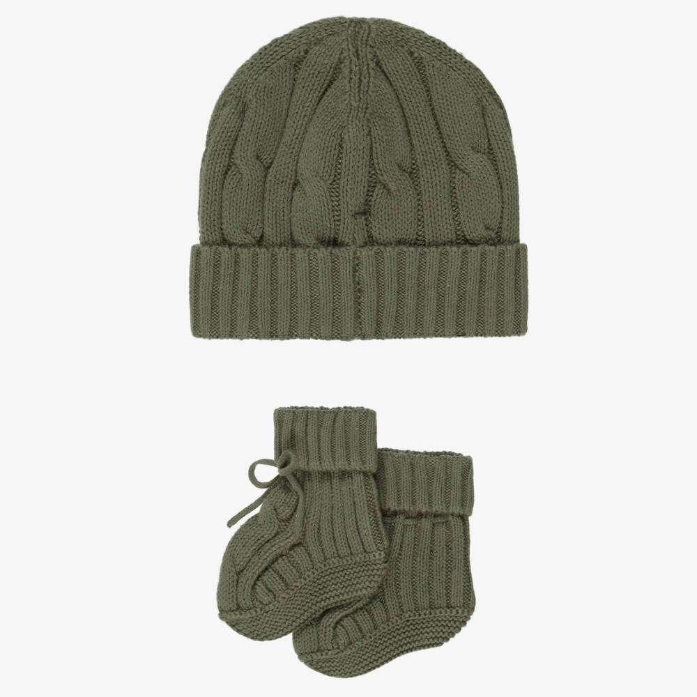 Ralph Lauren-Baby Boys Green Cable Knit Hat & Booties Set | Childrensalon