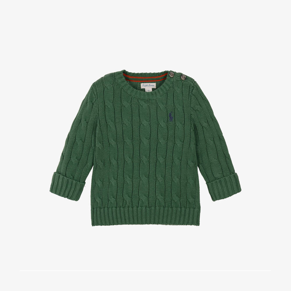Ralph Lauren-Baby Boys Green Cable Knit Sweater with Crew Neck | Childrensalon