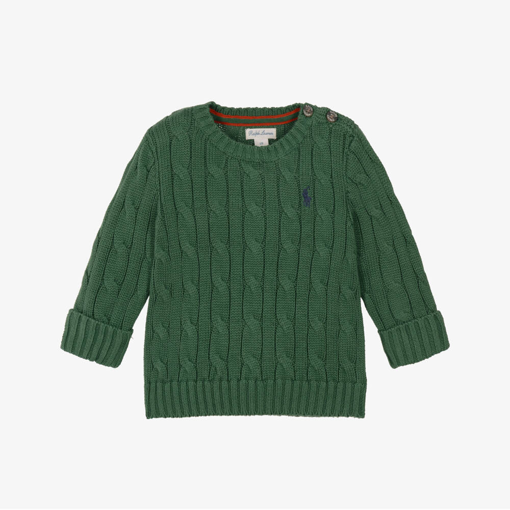 Ralph Lauren-Baby Boys Green Cable Knit Sweater with Crew Neck | Childrensalon