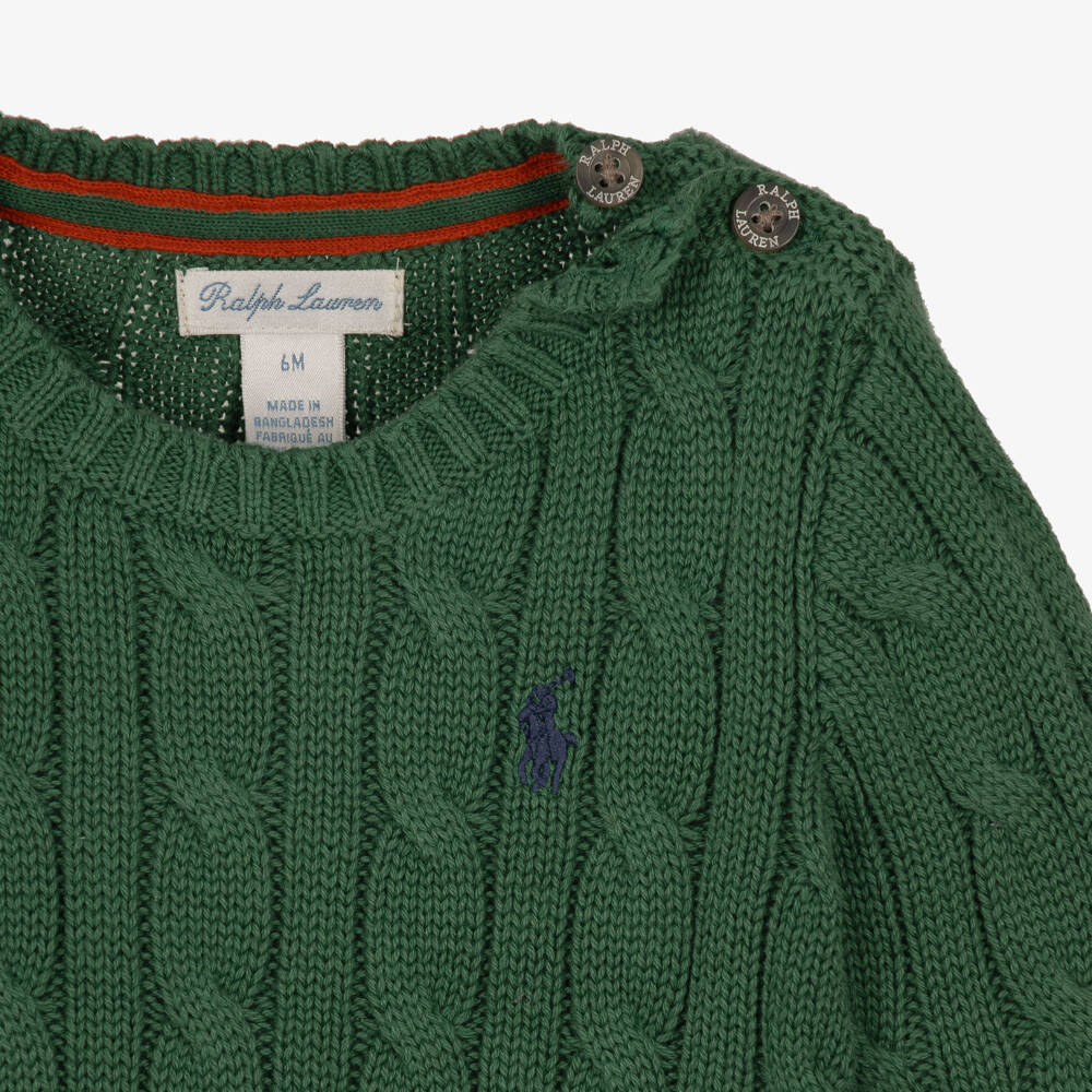 Ralph Lauren-Baby Boys Green Cable Knit Sweater with Crew Neck | Childrensalon