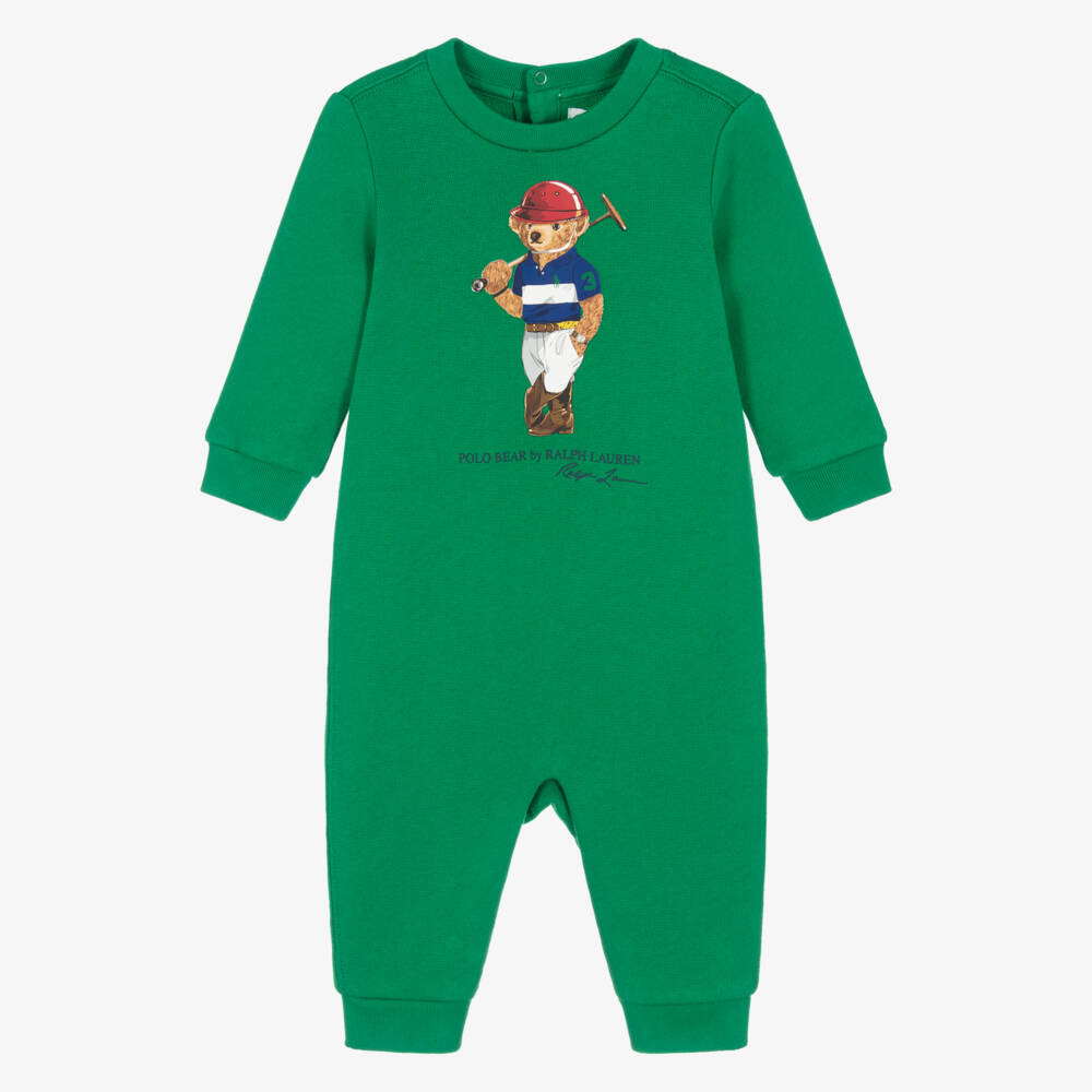 Ralph Lauren-Baby Boys Green Cotton Polo Bear Romper | Childrensalon