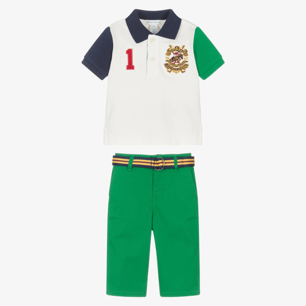 Ralph Lauren-Baby Boys Green Cotton Polo Top & Trousers Set with Crest Logo | Childrensalon