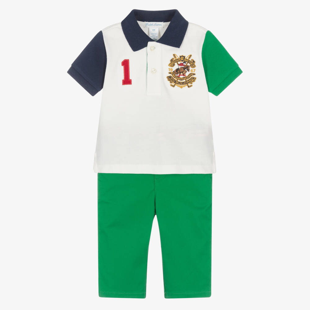 Ralph Lauren-Baby Boys Green Cotton Polo Top & Trousers Set with Crest Logo | Childrensalon