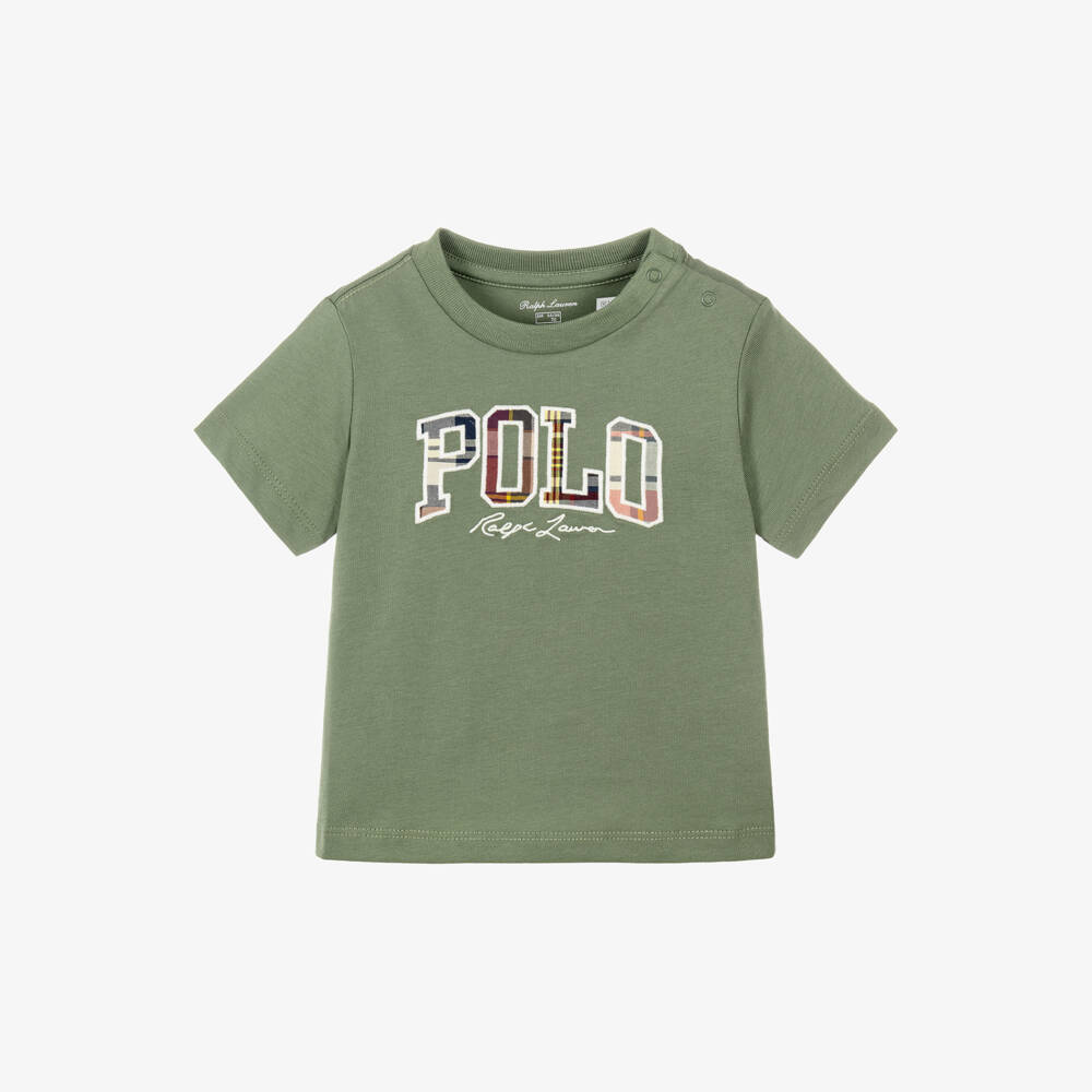 Ralph Lauren-Baby Boys Green Cotton T-Shirt with Check Polo Logo | Childrensalon