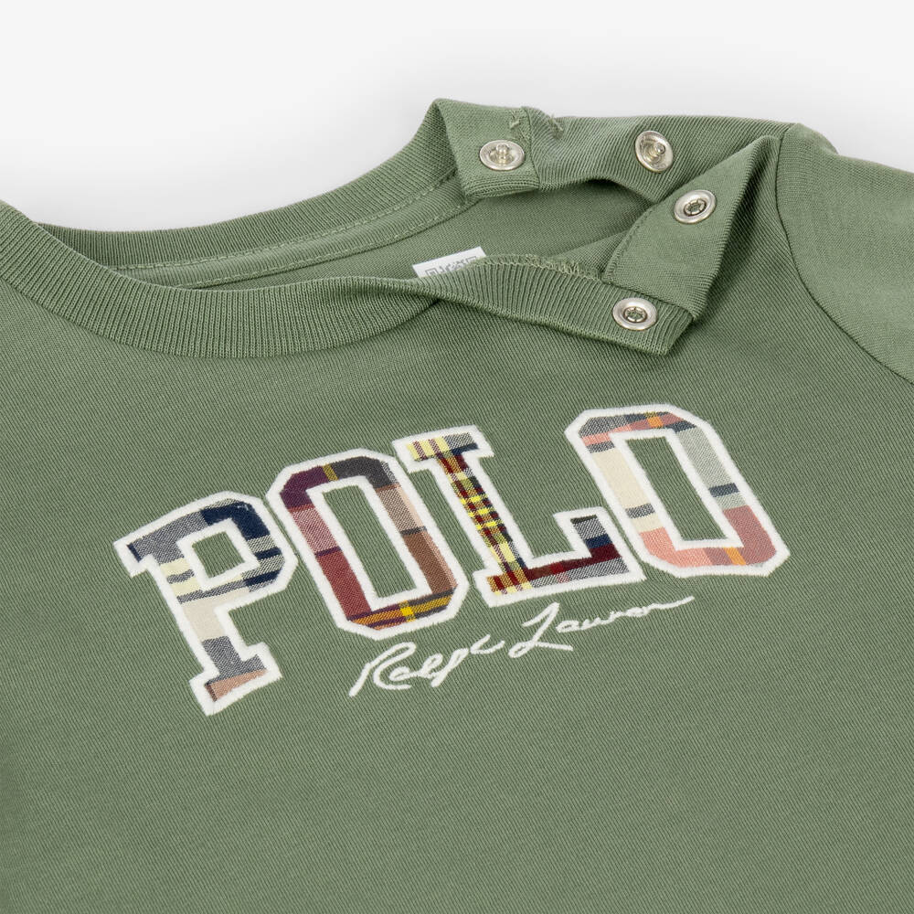 Ralph Lauren-Baby Boys Green Cotton T-Shirt with Check Polo Logo | Childrensalon