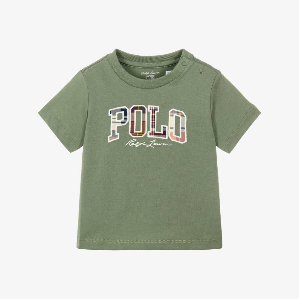 Ralph Lauren-Baby Boys Green Cotton T-Shirt with Check Polo Logo | Childrensalon