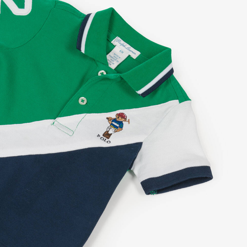 Ralph Lauren-Baby Boys Green & Navy Blue Piqué Polo Shirt | Childrensalon