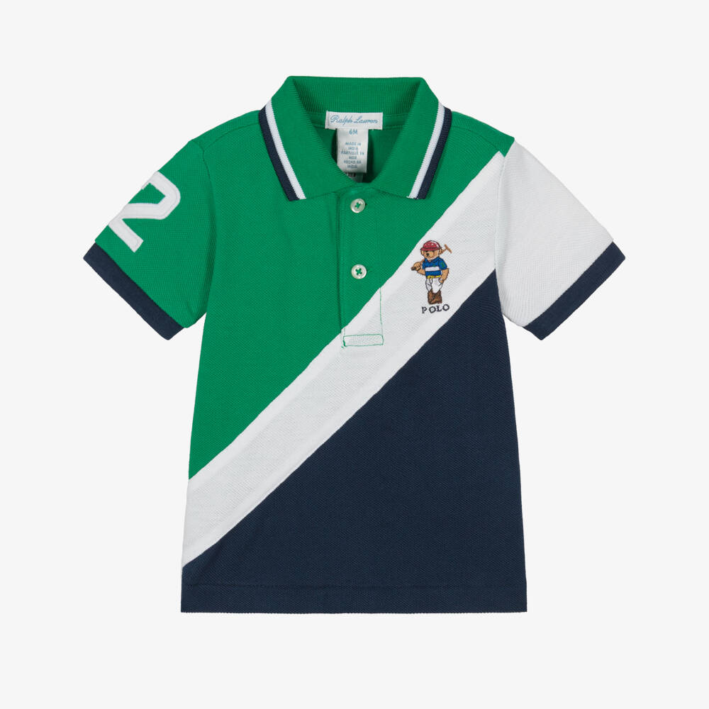 Ralph Lauren-Baby Boys Green & Navy Blue Piqué Polo Shirt | Childrensalon