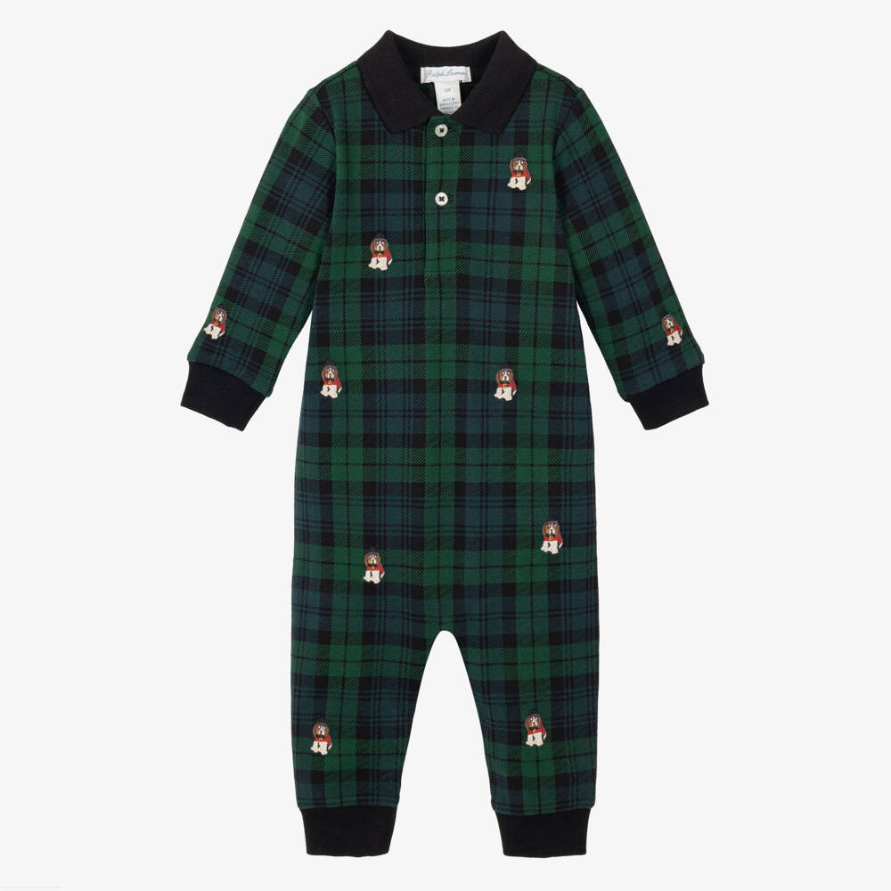 Ralph Lauren-Baby Boys Green & Navy Tartan Romper | Childrensalon