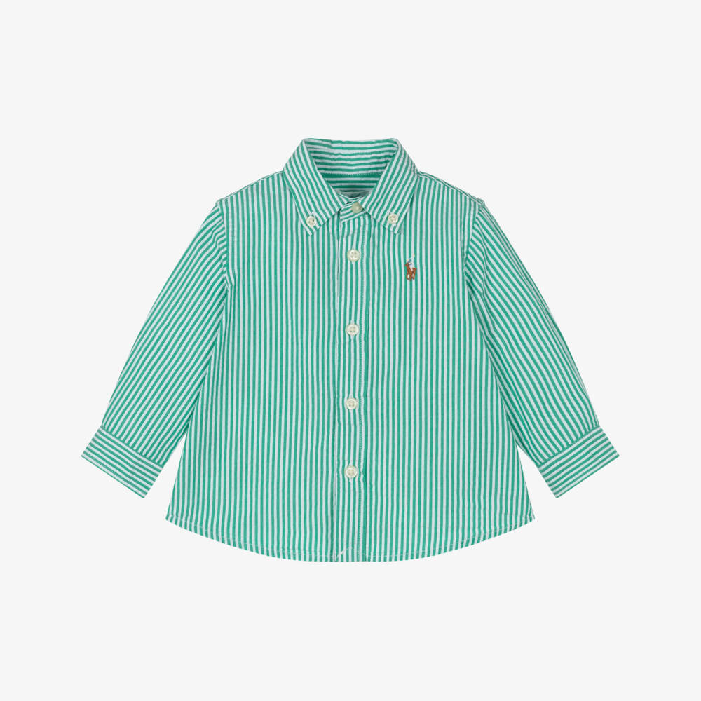 Ralph Lauren-Baby Boys Green & White Stripe Seersucker Shirt | Childrensalon