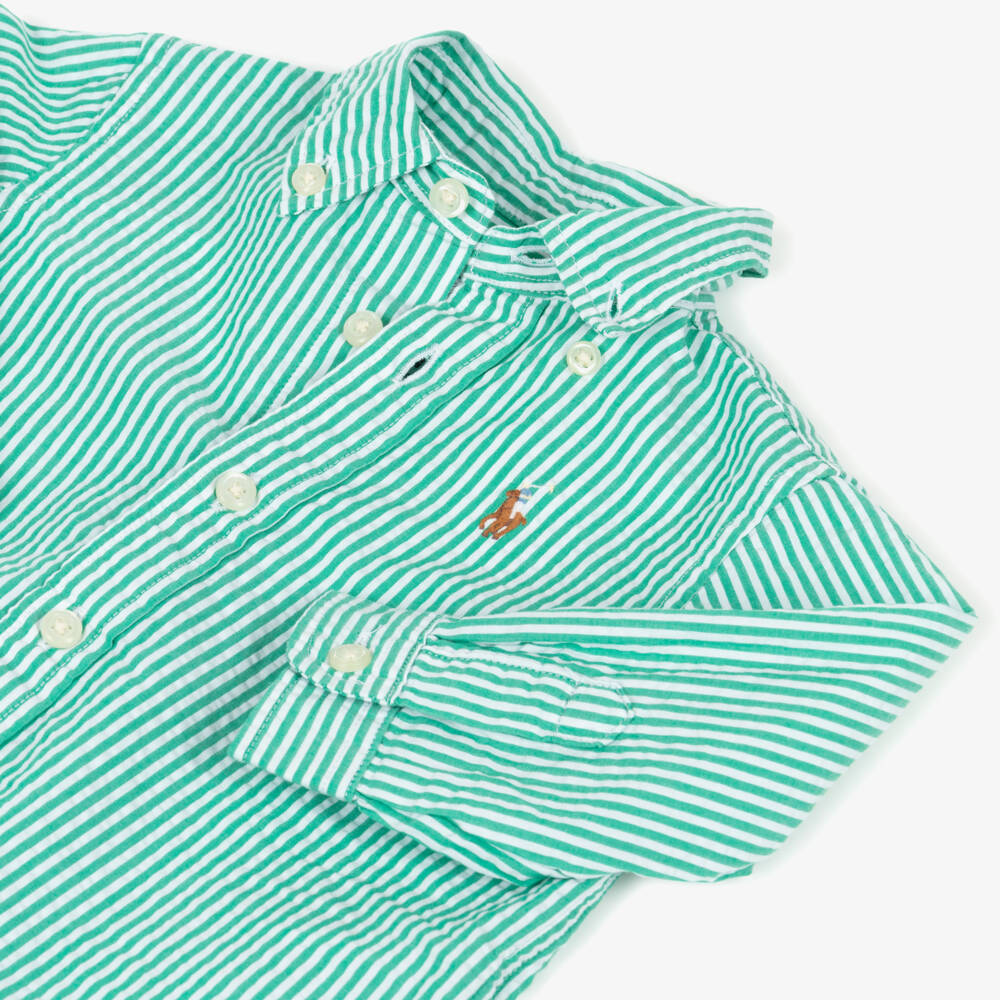 Ralph Lauren-Baby Boys Green & White Stripe Seersucker Shirt | Childrensalon