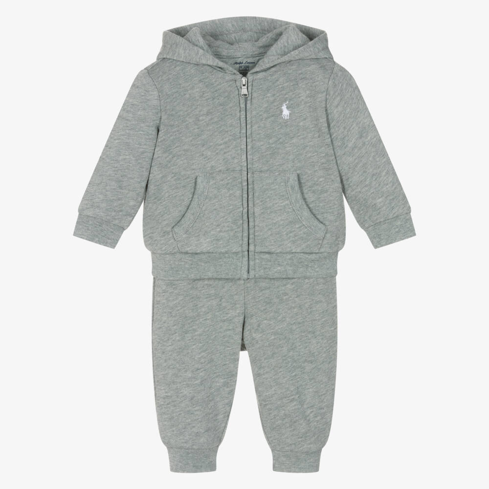 Ralph Lauren-Baby Boys Grey Marl Hooded Pony Logo Tracksuit | Childrensalon
