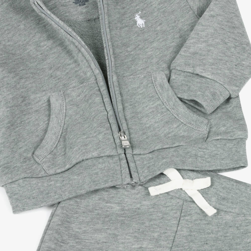 Ralph Lauren-Baby Boys Grey Marl Hooded Pony Logo Tracksuit | Childrensalon